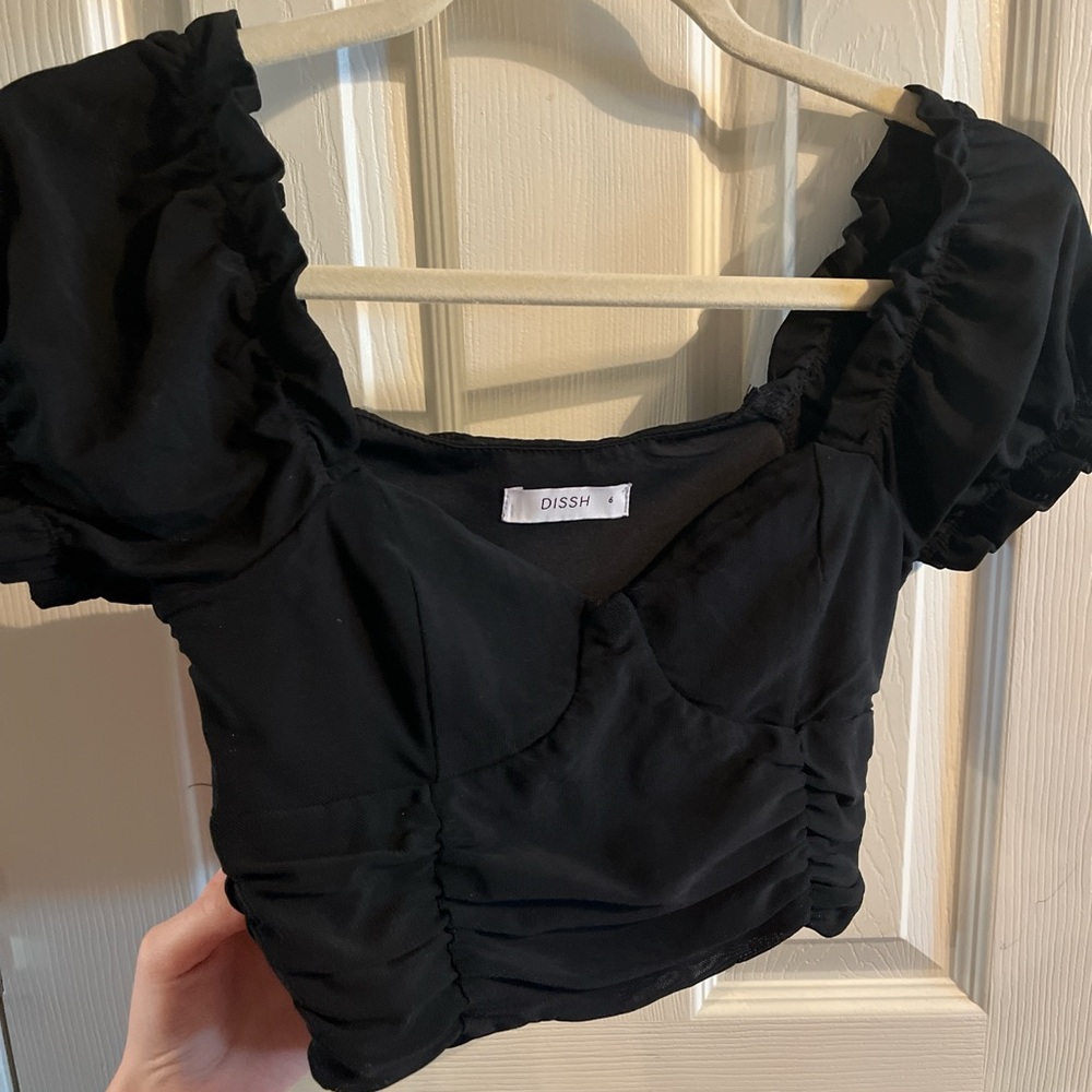 DISSH Black Puff Sleeve Crop Blouse